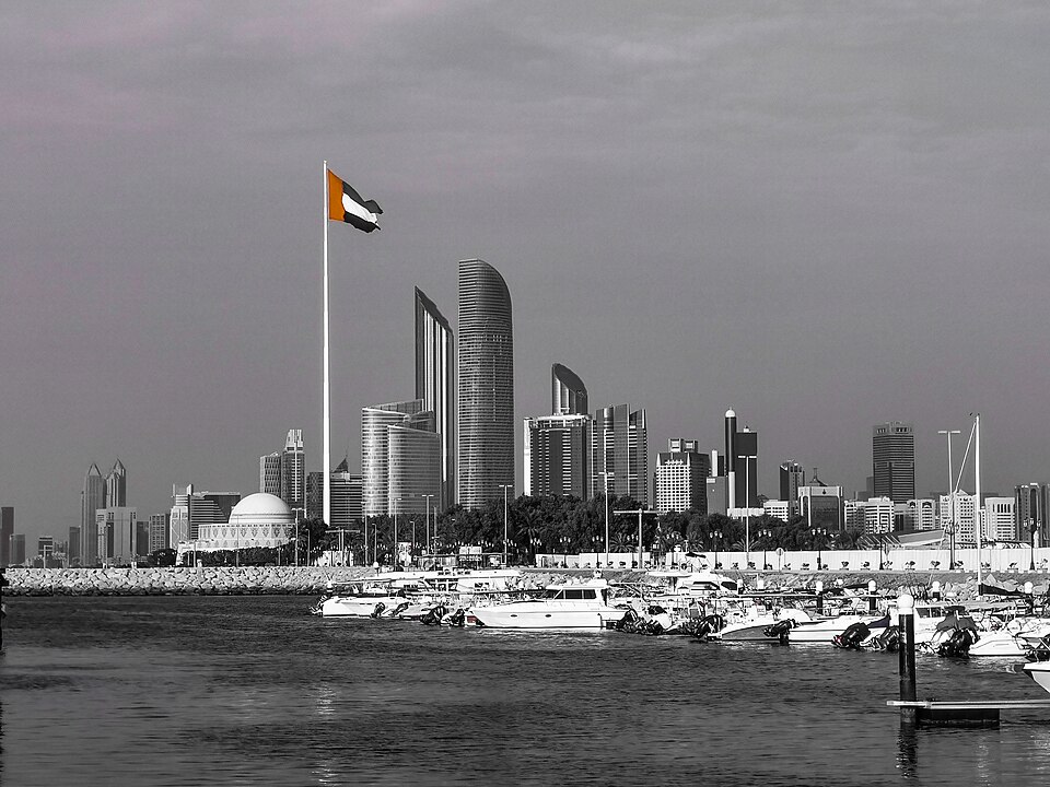 Abu Dhabi's skyline and a marina full of boats in black and white, with the UAE flag left in colour on its flagpole